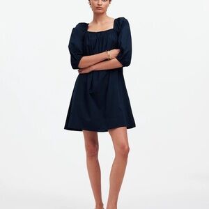 NEW Madewell Square Neck Puff Sleeve Mini Dress 4 Navy Blue